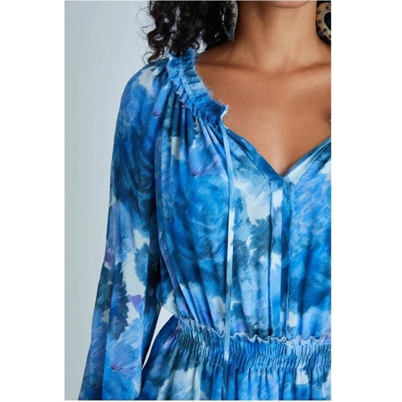 LOVESHACKFANCY Silk Floral Ruched Tie Neck Puff Long Sleeve Tier Ruffle Dress XS - Picture 8 of 10